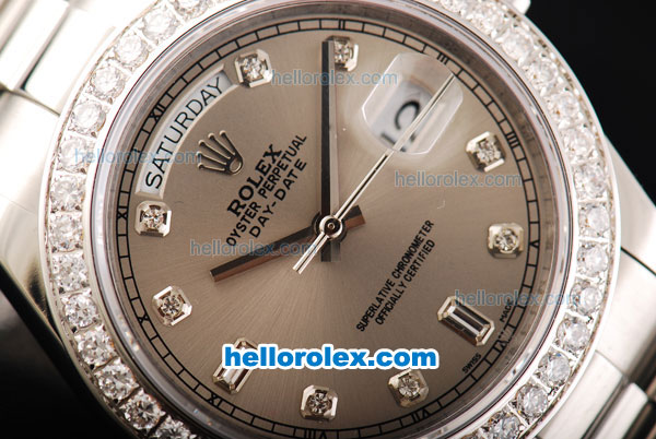 Rolex Day Date II Automatic Movement Full Steel with Diamond Bezel-Diamond Markers and Grey Dial - Click Image to Close